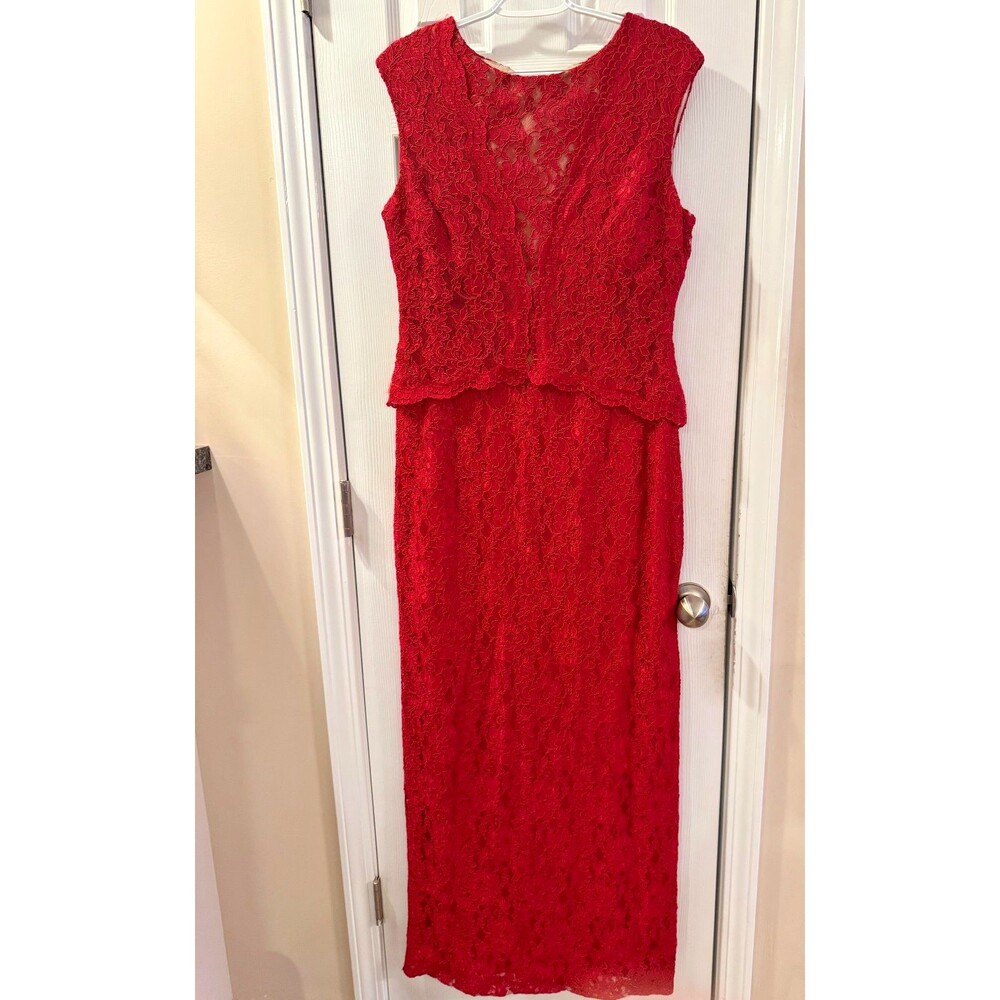 Lauren Ralph Lauren Evening Dress Red Lace Maxi Sz 14 Sleeveless Wedding Guest - Picture 2 of 15